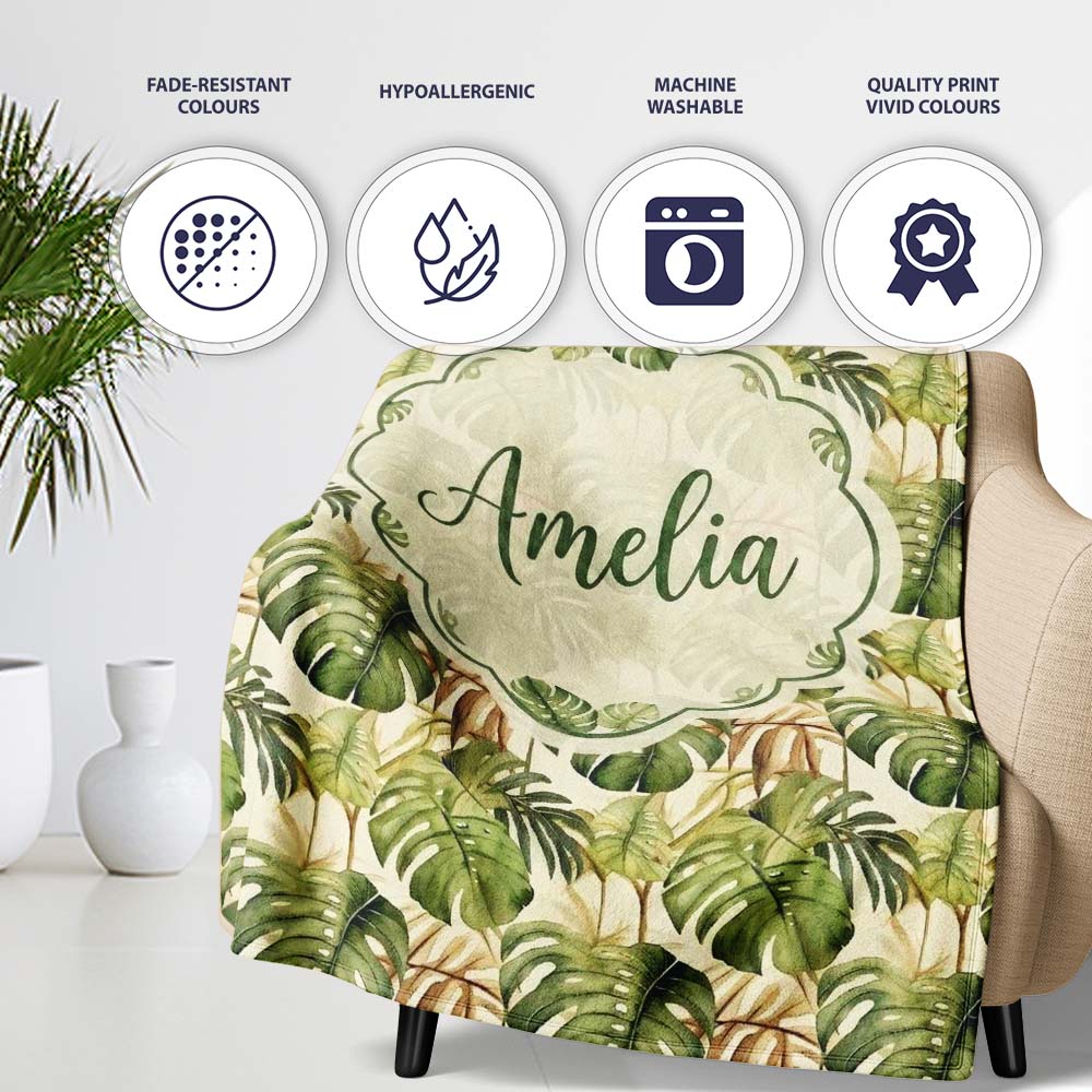 Earthy Botanical Monstera Leaves with Branch Details Seamless Lovely  Personalised Custom Name Super Soft Fleece Blanket Bed Sofa Throw