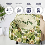 Earthy Botanical Monstera Leaves with Branch Details Seamless Lovely  Personalised Custom Name Super Soft Fleece Blanket Bed Sofa Throw