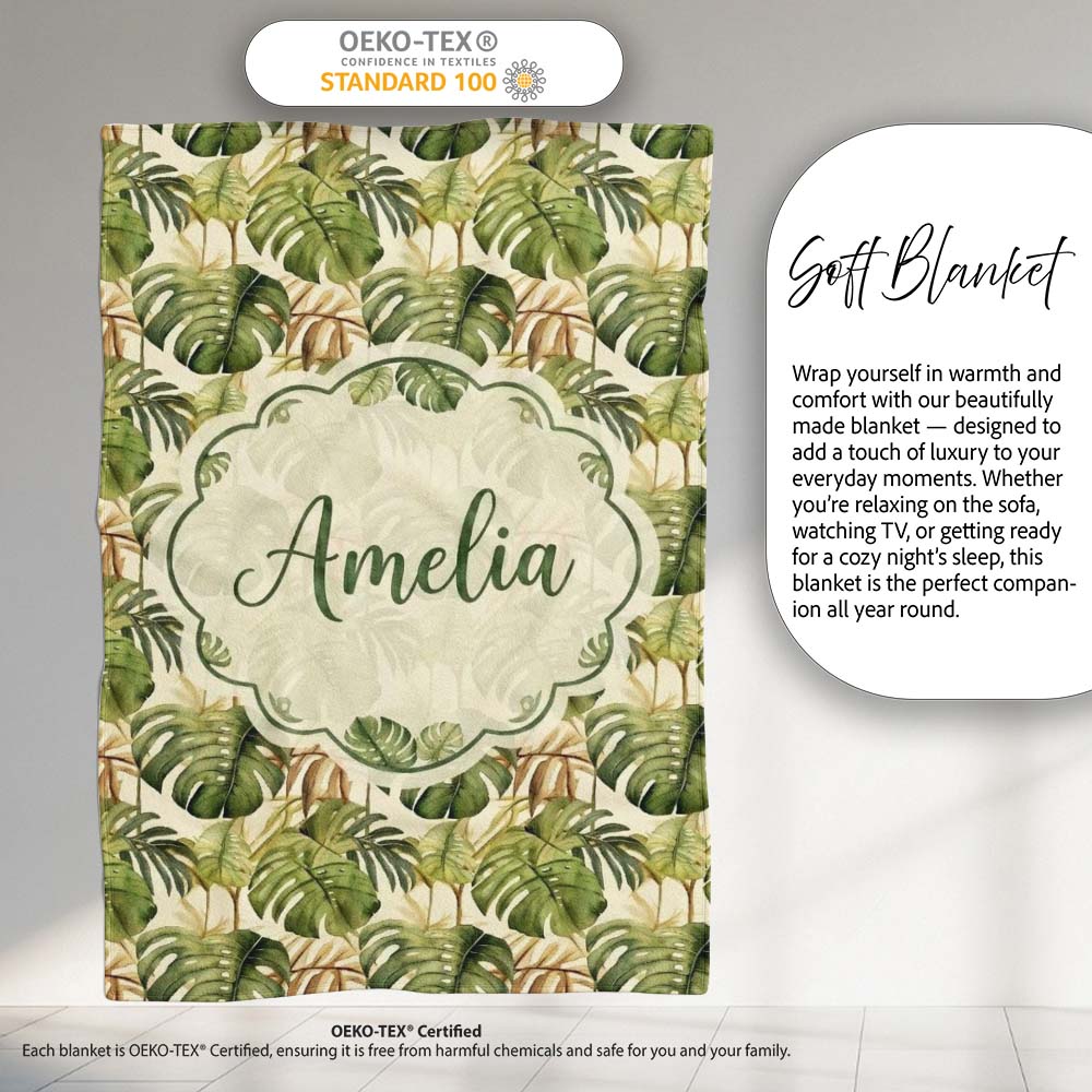 Earthy Botanical Monstera Leaves with Branch Details Seamless Lovely  Personalised Custom Name Super Soft Fleece Blanket Bed Sofa Throw