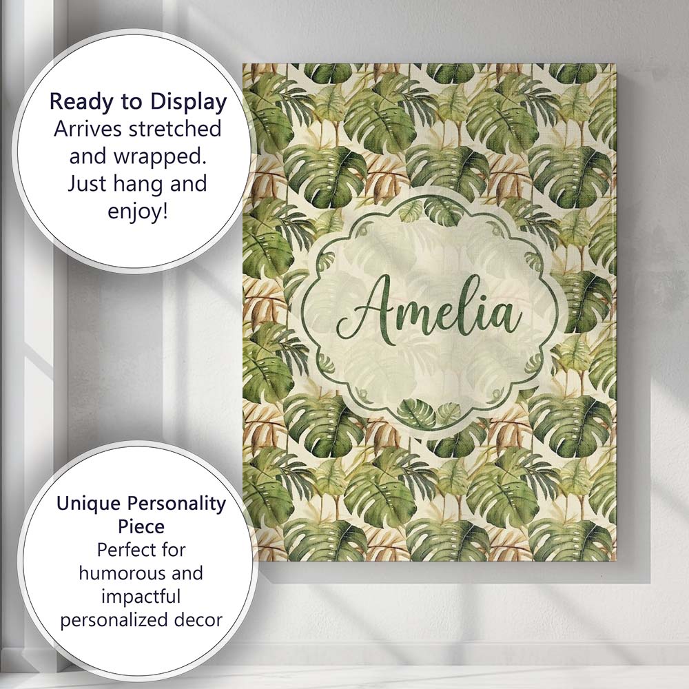 Personalised Name Earthy Botanical Monstera Custom  Bespoke Interior Contemporary Canvas Wall Art Print Decor Picture Ready to Hang