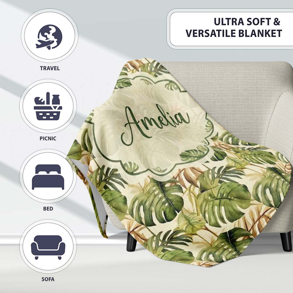 Earthy Botanical Monstera Leaves with Branch Details Seamless Lovely  Personalised Custom Name Super Soft Fleece Blanket Bed Sofa Throw