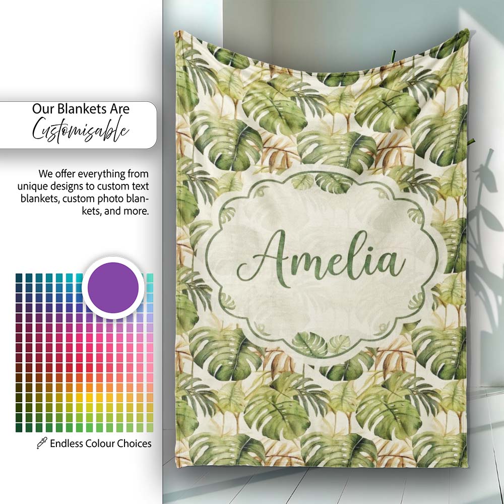 Earthy Botanical Monstera Leaves with Branch Details Seamless Lovely  Personalised Custom Name Super Soft Fleece Blanket Bed Sofa Throw
