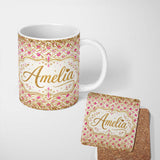Personalized Custom Name Pink Gold Chevron Glitter Dot Seamless Pattern Design Chic Modern 11oz Ceramic Coffee Tea Mug White Large Handle