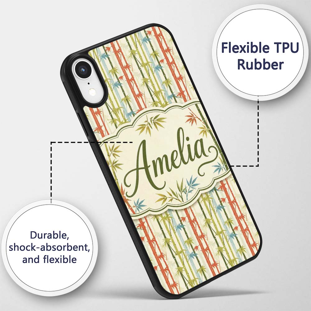 Colorful Bamboo Stalks with Leaves Printed Design Custom Name Protective Phone Case Mobile Cover Durable Everyday Smartphone Shock Resistant