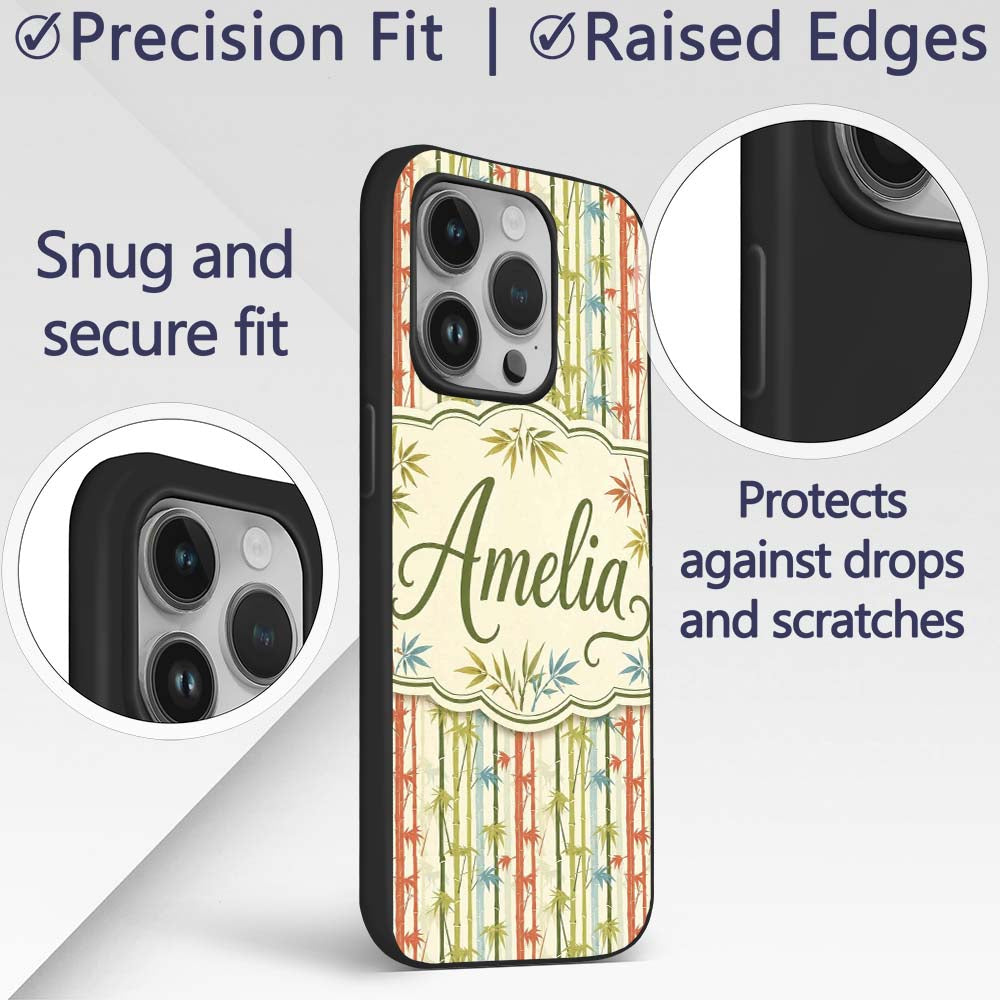 Colorful Bamboo Stalks with Leaves Printed Design Custom Name Protective Phone Case Mobile Cover Durable Everyday Smartphone Shock Resistant