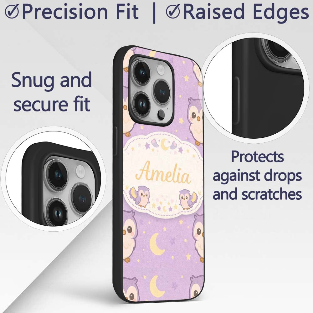 Cute Night Owl Moon Cartoon Animal Printed Design Custom Name Protective Phone Case Mobile Cover Durable Everyday Smartphone Shock Resistant