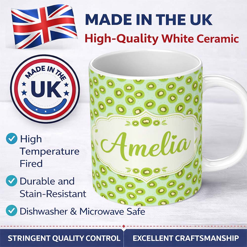 Personalized Custom Name Stylised Kiwi Slice Repeat Seamless Pattern on Soft Green Background 11oz Ceramic Coffee Tea Mug White Large Handle