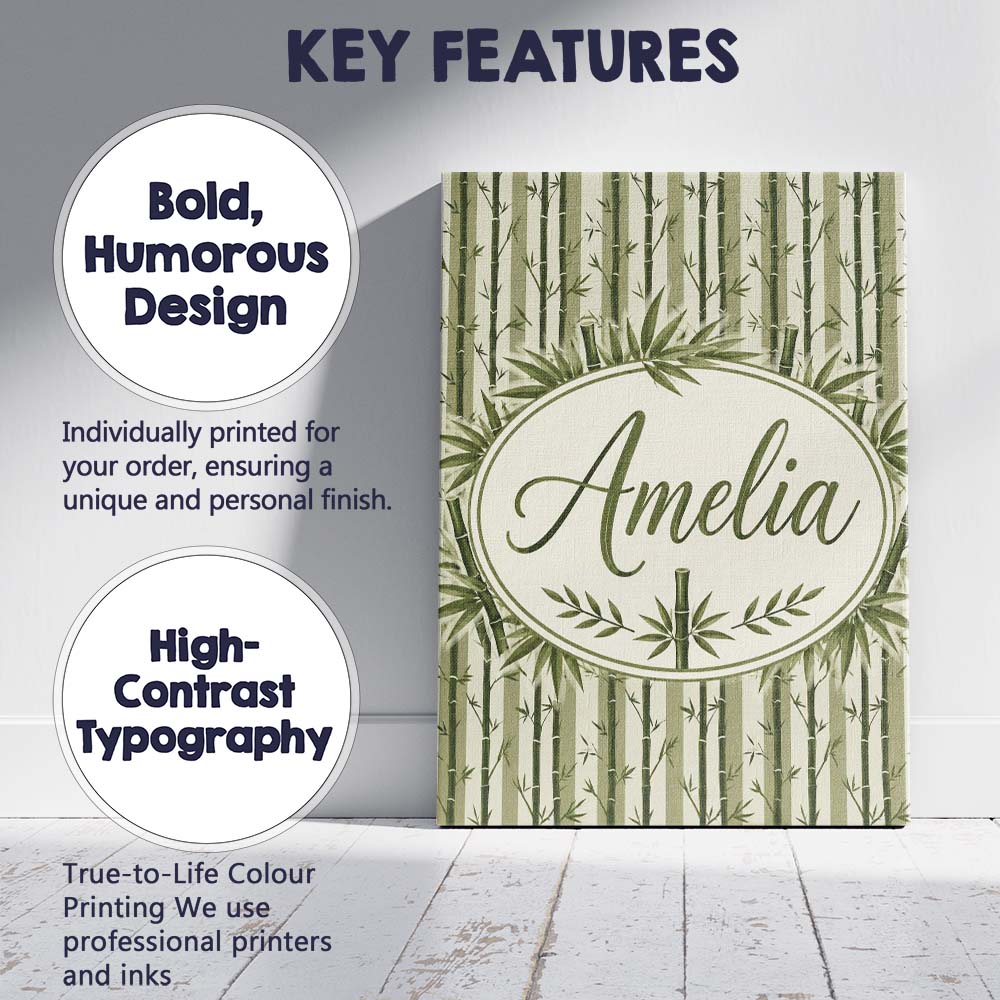 Personalised Name Striped Bamboo Stems with Custom  Bespoke Interior Contemporary Canvas Wall Art Print Decor Picture Ready to Hang