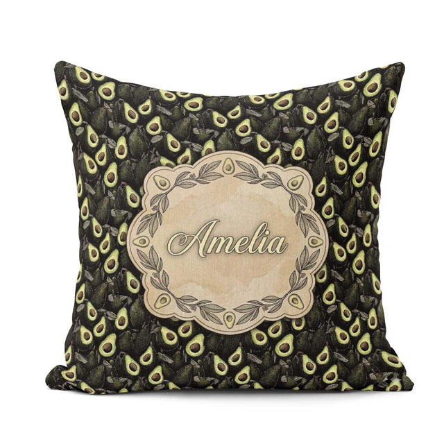Custom Name Dark Realistic Avocado Fruit Pattern Cute Unique Square Filled Cushion Throw Pillow Sofa Bed Home Decor Zip Washable UK Made
