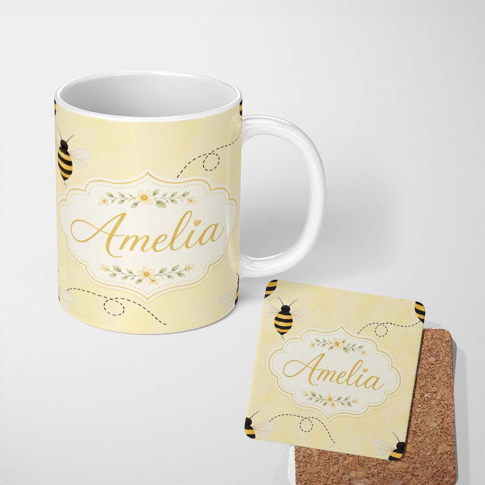 Personalized Custom Name Cute Bumble Bee Flying Trail Minimal Seamless Pattern Lovely 11oz Ceramic Coffee Tea Mug White Large Handle