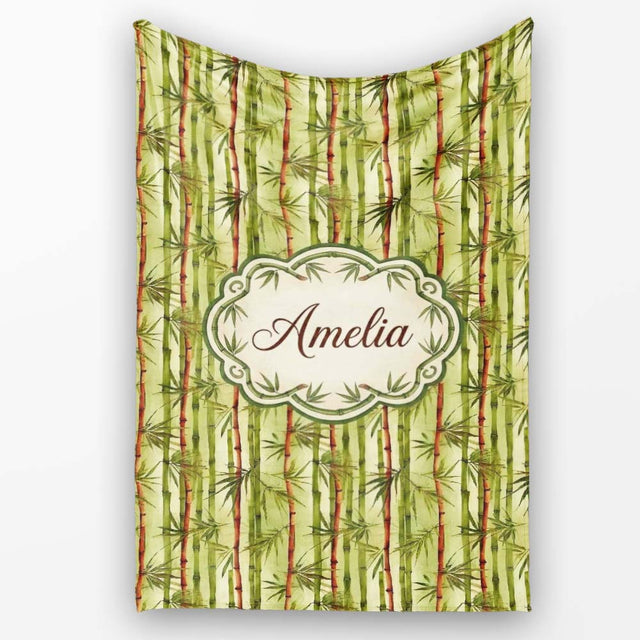 Watercolor Bamboo Forest with Red and Green Stems Natural Seamless  Personalised Custom Name Super Soft Fleece Blanket Bed Sofa Throw