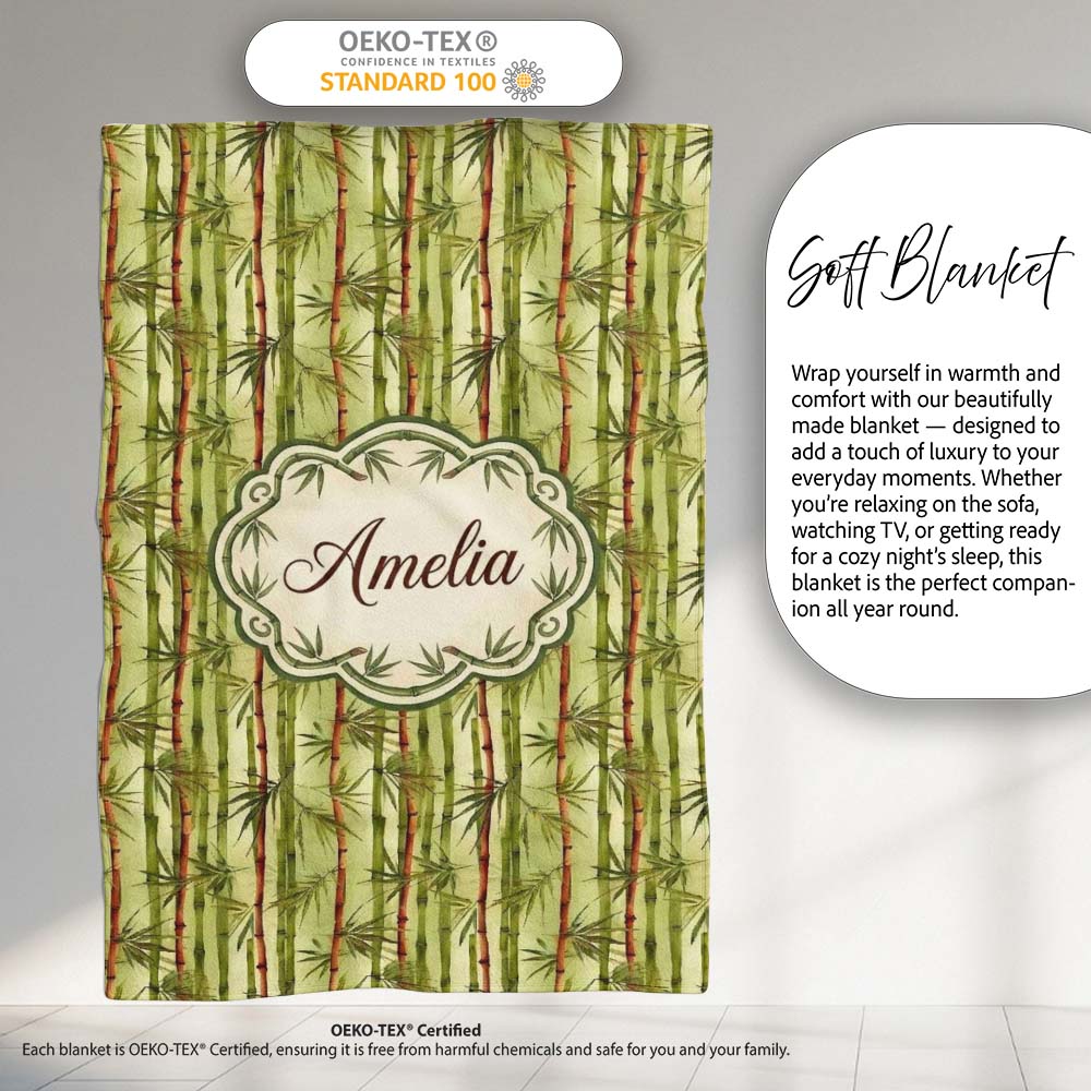 Watercolor Bamboo Forest with Red and Green Stems Natural Seamless  Personalised Custom Name Super Soft Fleece Blanket Bed Sofa Throw