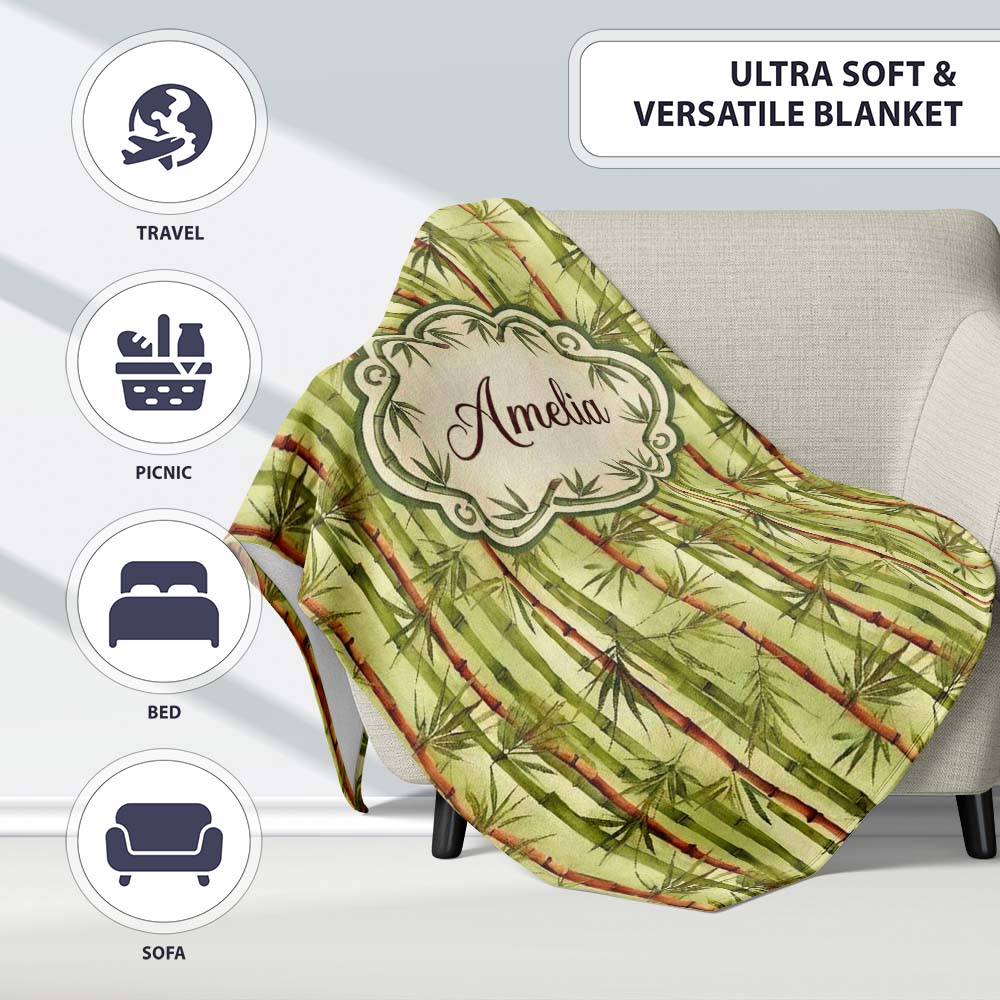 Watercolor Bamboo Forest with Red and Green Stems Natural Seamless  Personalised Custom Name Super Soft Fleece Blanket Bed Sofa Throw
