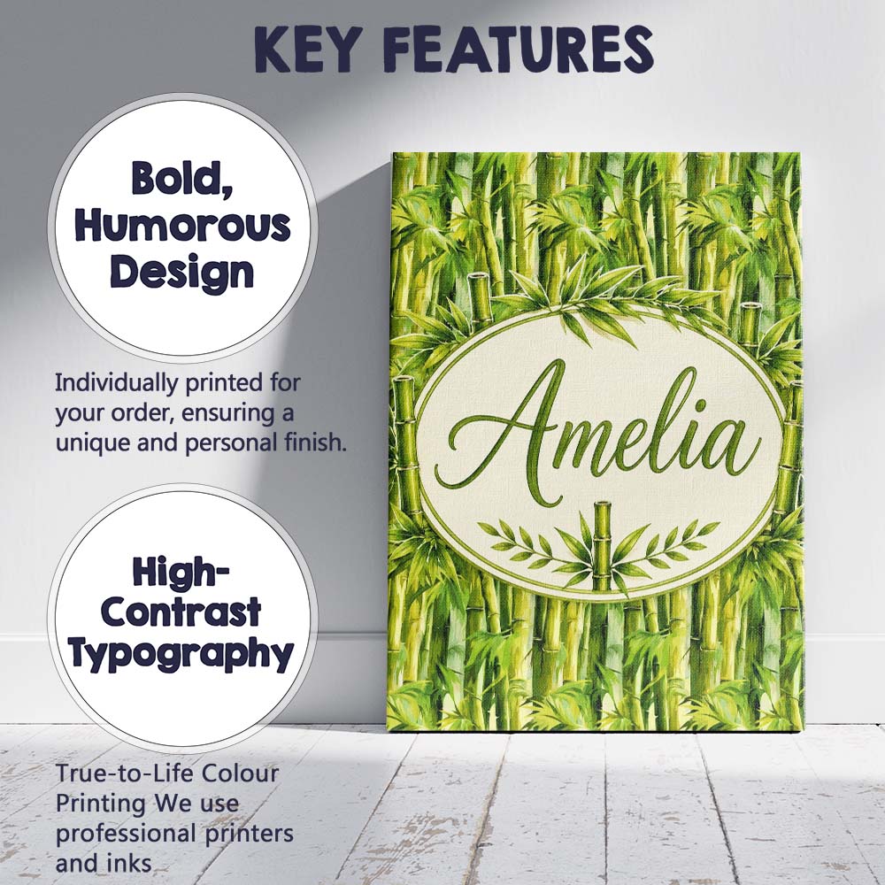 Personalised Name Vibrant Green Bamboo Custom  Modern Room Accent Elegant Feature Canvas Wall Art Print Decor Picture Ready to Hang