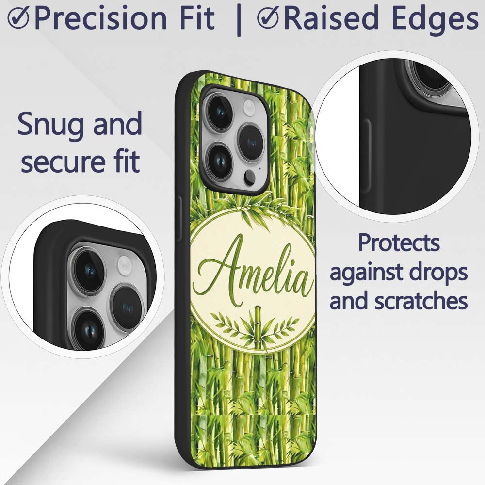 Vibrant Green Bamboo Leaves Dense Jungle Style Custom Name Protective Phone Case Mobile Cover Durable Everyday Smartphone Shock Resistant