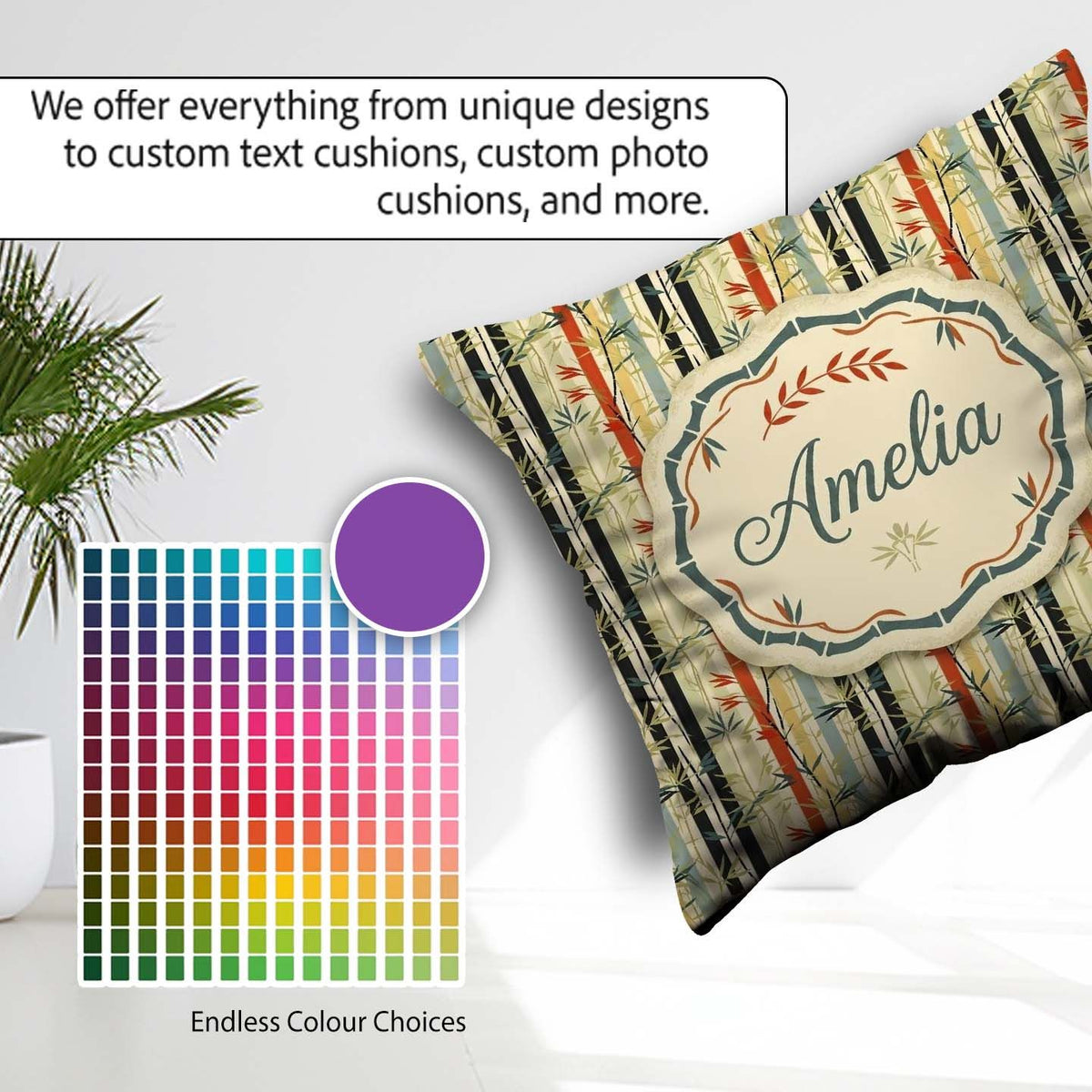 Custom Name Modern Bamboo Stripes with Red Blue Accents Seamless Square Filled Cushion Throw Pillow Sofa Bed Home Decor Zip Washable UK Made