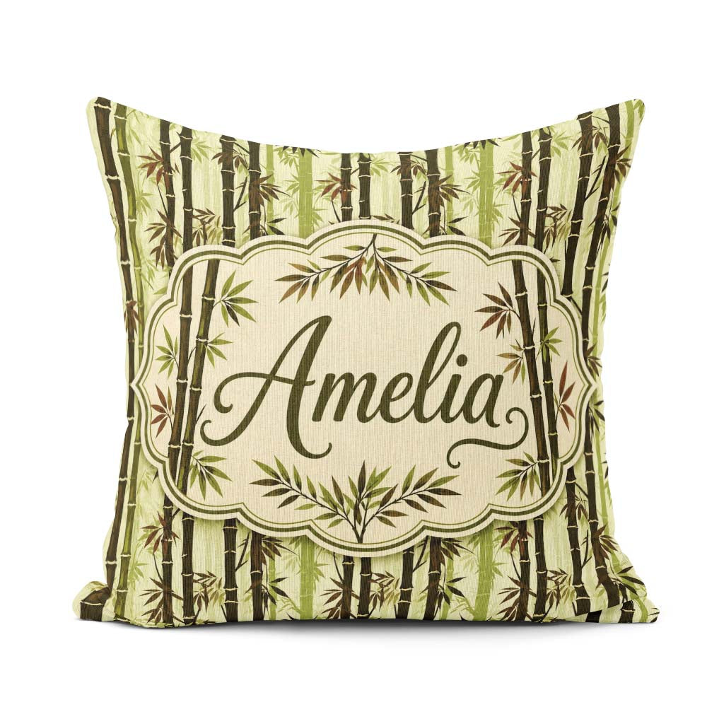 Custom Name Dark Bamboo Stalks with Layered Leaves Natural Green Square Filled Cushion Throw Pillow Sofa Bed Home Decor Zip Washable UK Made