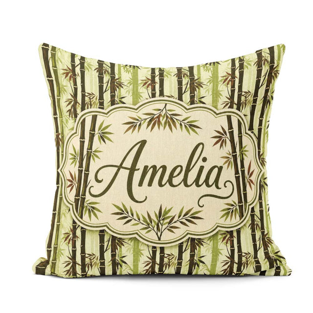 Custom Name Dark Bamboo Stalks with Layered Leaves Natural Green Square Filled Cushion Throw Pillow Sofa Bed Home Decor Zip Washable UK Made