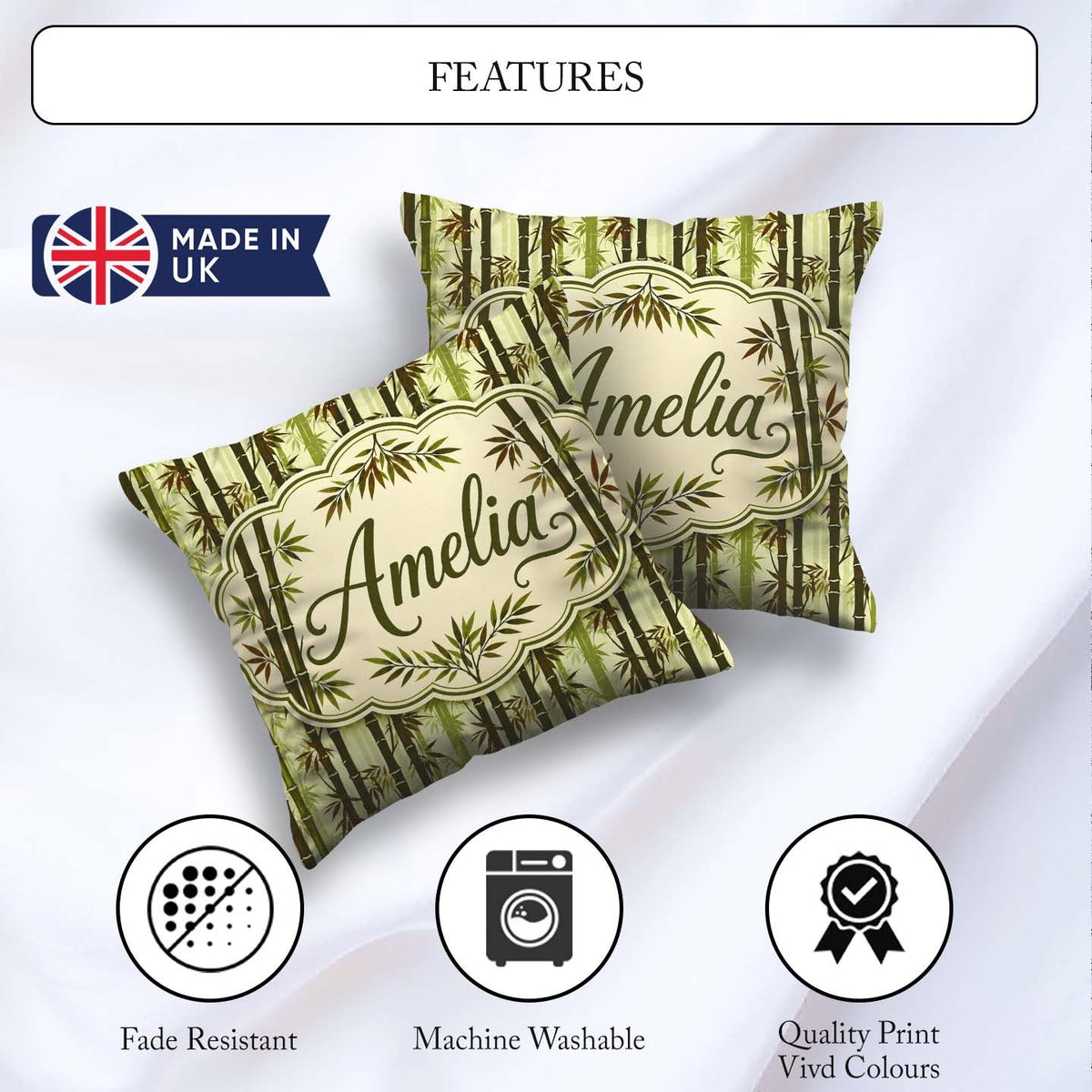 Custom Name Dark Bamboo Stalks with Layered Leaves Natural Green Square Filled Cushion Throw Pillow Sofa Bed Home Decor Zip Washable UK Made