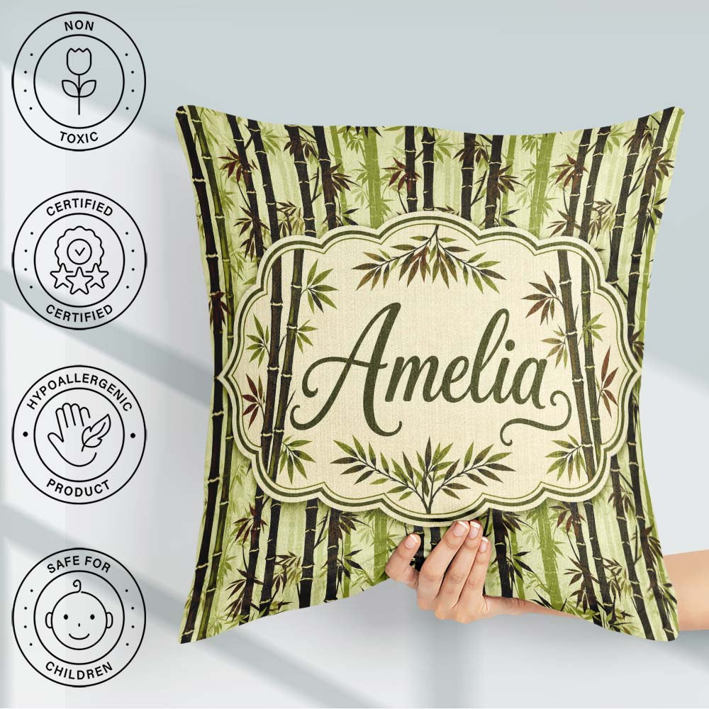 Custom Name Dark Bamboo Stalks with Layered Leaves Natural Green Square Filled Cushion Throw Pillow Sofa Bed Home Decor Zip Washable UK Made