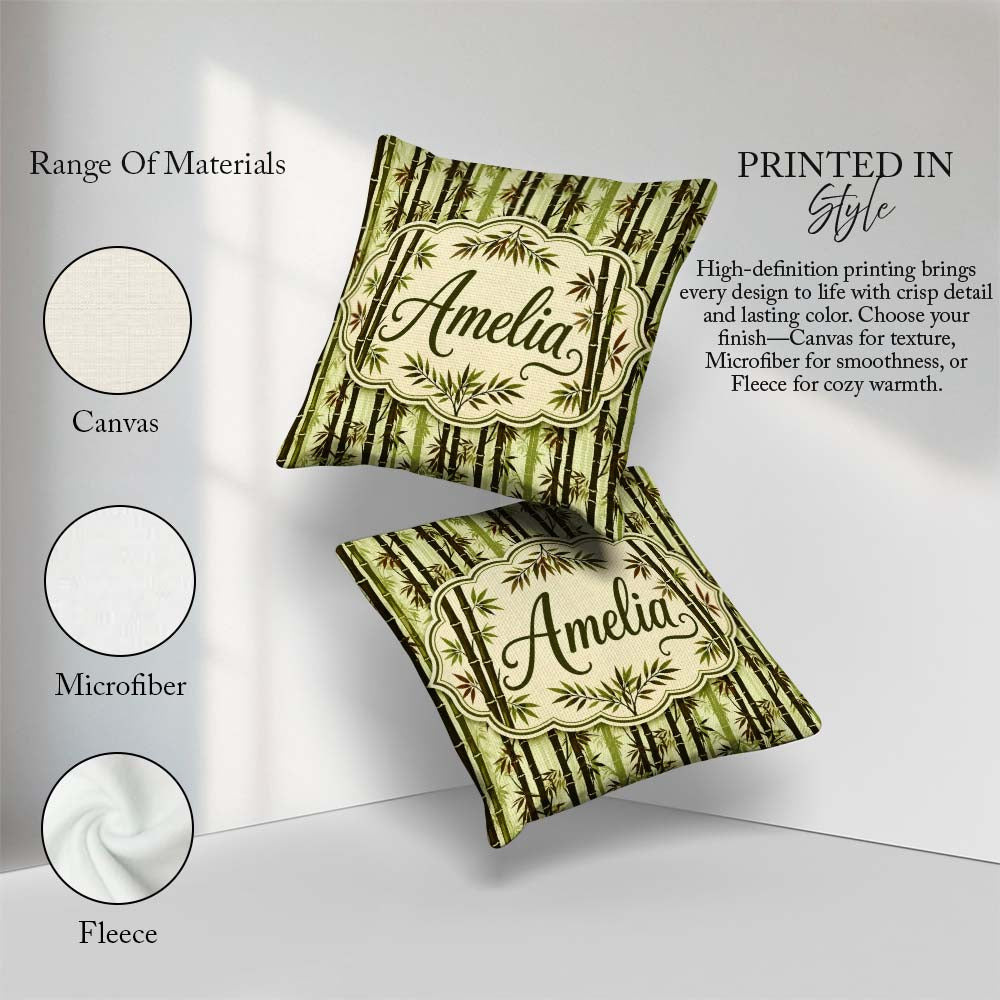 Custom Name Dark Bamboo Stalks with Layered Leaves Natural Green Square Filled Cushion Throw Pillow Sofa Bed Home Decor Zip Washable UK Made