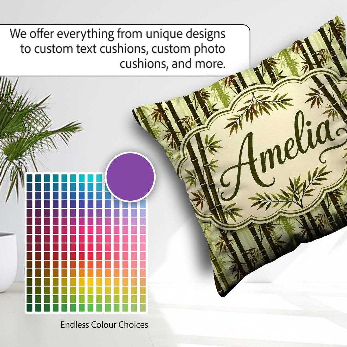 Custom Name Dark Bamboo Stalks with Layered Leaves Natural Green Square Filled Cushion Throw Pillow Sofa Bed Home Decor Zip Washable UK Made