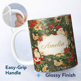 Personalized Custom Name Vintage Santa Claus Reindeer Poinsettia Flowers and Festive Holiday 11oz Ceramic Coffee Tea Mug White Large Handle