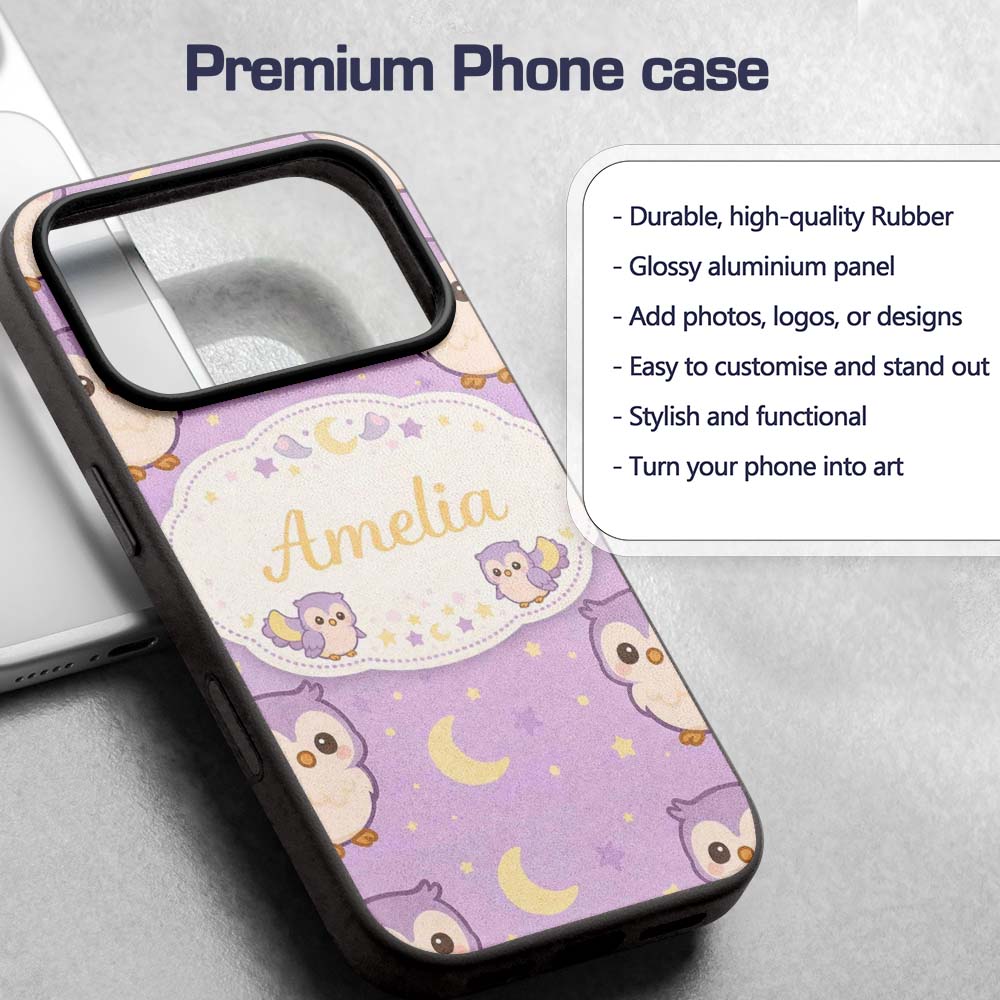 Cute Night Owl Moon Cartoon Animal Printed Design Custom Name Protective Phone Case Mobile Cover Durable Everyday Smartphone Shock Resistant