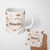 Personalized Custom Name Woodland Hedgehog with Mushrooms Leaves Soft Pink Seamless Pattern 11oz Ceramic Coffee Tea Mug White Large Handle