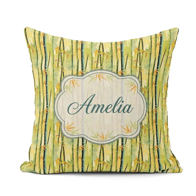 Custom Name Bright Bamboo Stems with Yellow Green Tones Seamless Square Filled Cushion Throw Pillow Sofa Bed Home Decor Zip Washable UK Made
