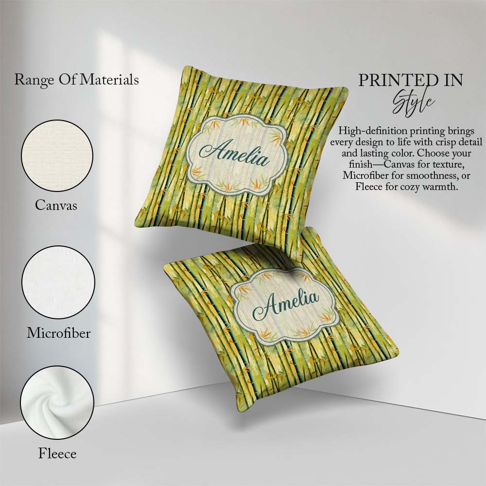 Custom Name Bright Bamboo Stems with Yellow Green Tones Seamless Square Filled Cushion Throw Pillow Sofa Bed Home Decor Zip Washable UK Made
