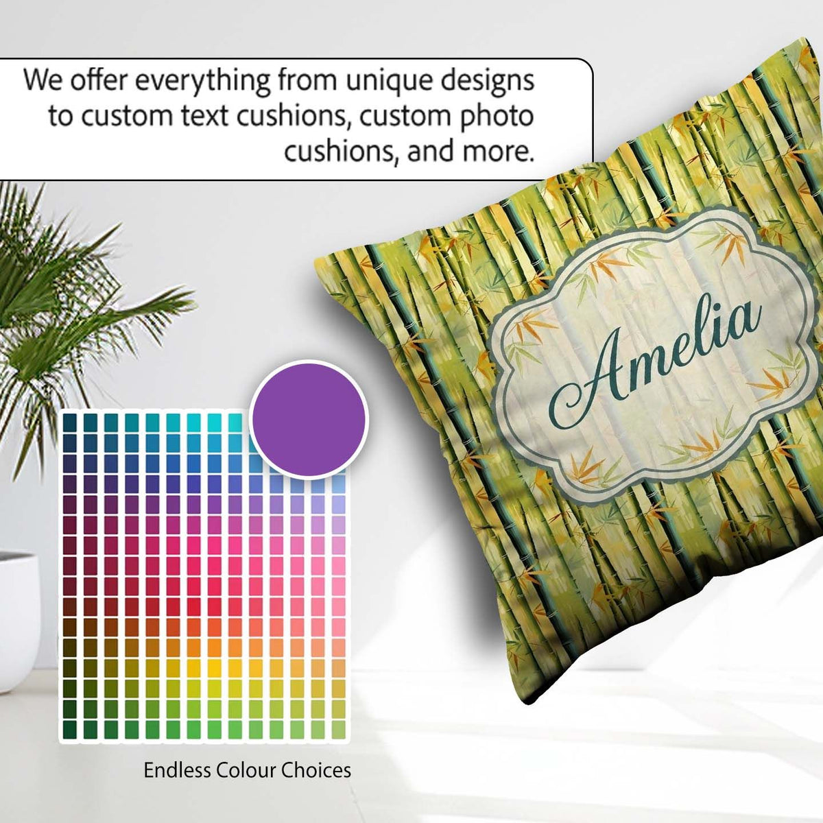 Custom Name Bright Bamboo Stems with Yellow Green Tones Seamless Square Filled Cushion Throw Pillow Sofa Bed Home Decor Zip Washable UK Made