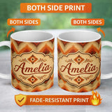 Personalized Custom Name Southwestern Ikat Diamond Pattern in Warm Earth Tones Lovely 11oz Ceramic Coffee Tea Mug White Large Handle