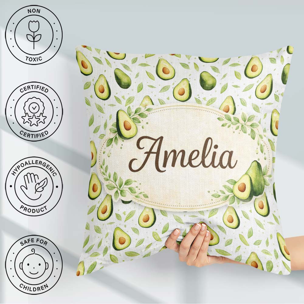 Custom Name Light Botanical Avocado Leaf Pattern Beautiful Cup Square Filled Cushion Throw Pillow Sofa Bed Home Decor Zip Washable UK Made