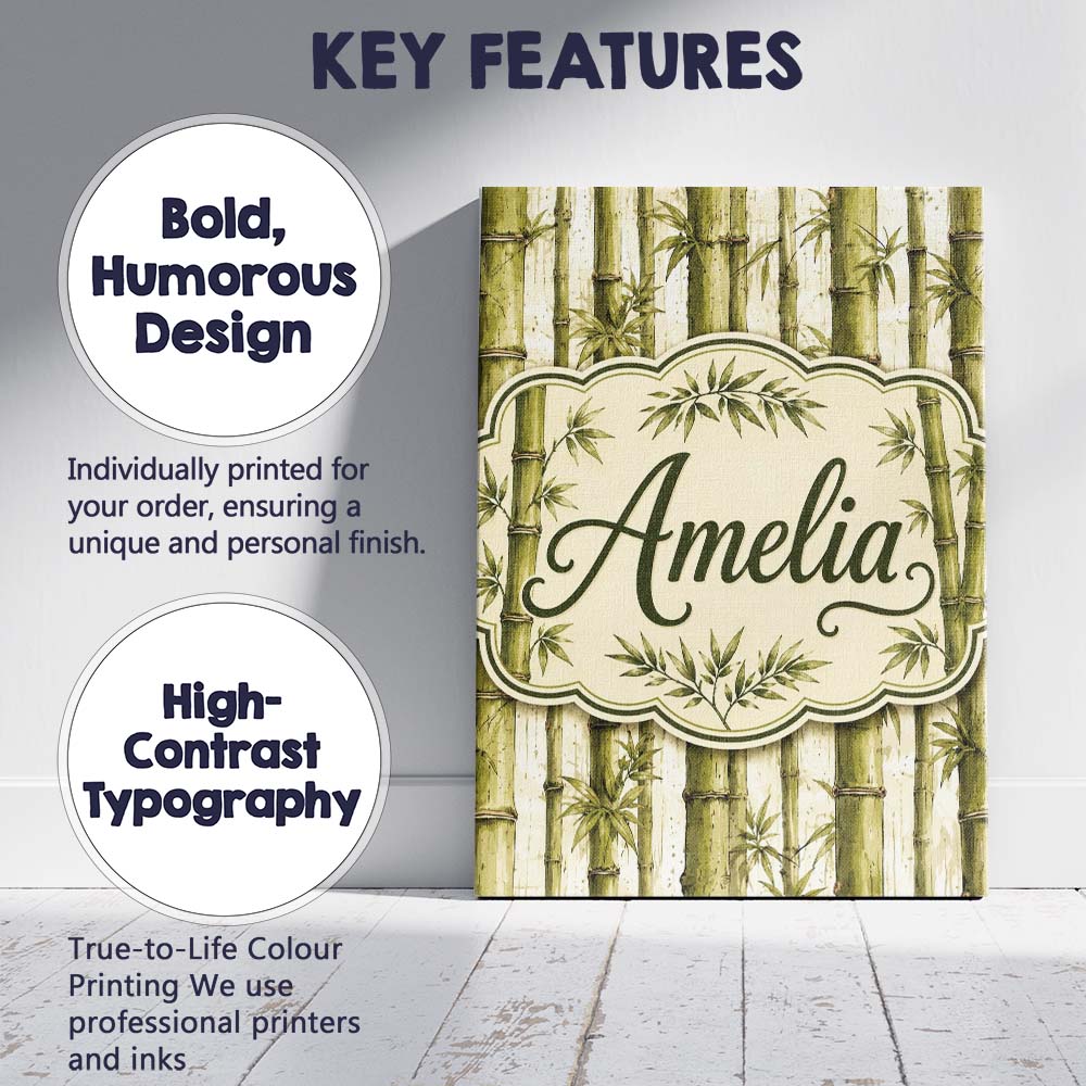 Personalised Name Natural Bamboo Stalks Custom  Modern Room Accent Elegant Feature Canvas Wall Art Print Decor Picture Ready to Hang