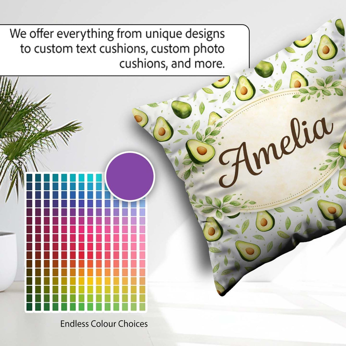 Custom Name Light Botanical Avocado Leaf Pattern Beautiful Cup Square Filled Cushion Throw Pillow Sofa Bed Home Decor Zip Washable UK Made