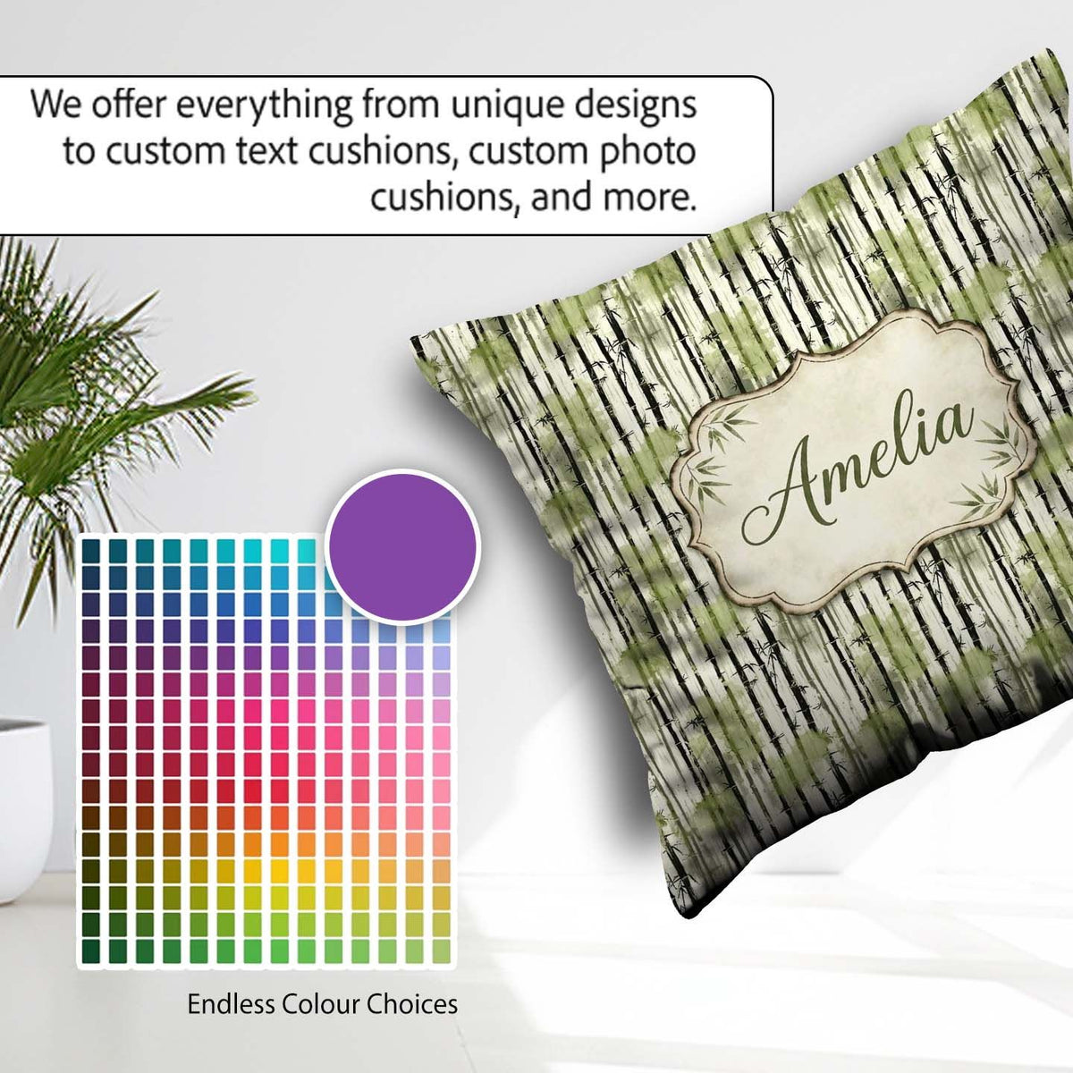 Custom Name Artistic Bamboo Forest with Ink Style Brush Seamless Square Filled Cushion Throw Pillow Sofa Bed Home Decor Zip Washable UK Made