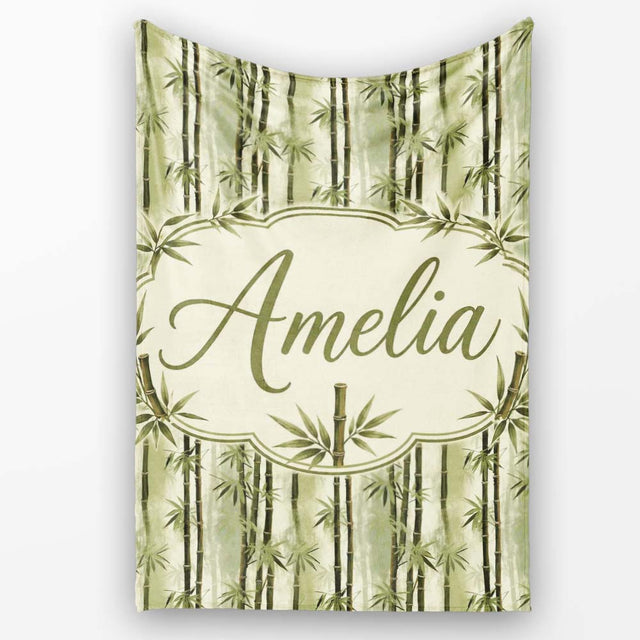 Muted Green Bamboo with Layered Forest Depth Seamless Pattern Lovely  Personalised Custom Name Super Soft Fleece Blanket Bed Sofa Throw
