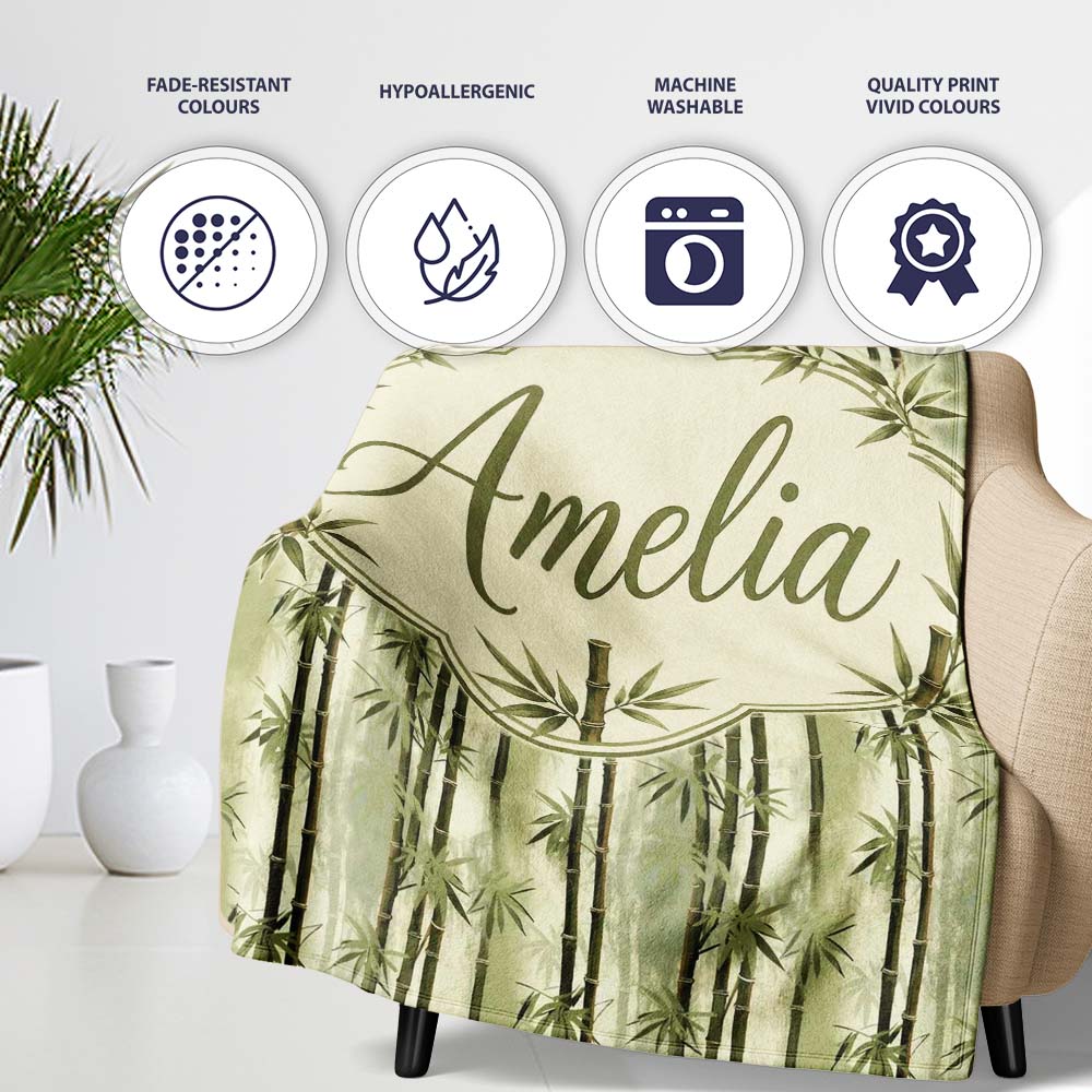 Muted Green Bamboo with Layered Forest Depth Seamless Pattern Lovely  Personalised Custom Name Super Soft Fleece Blanket Bed Sofa Throw