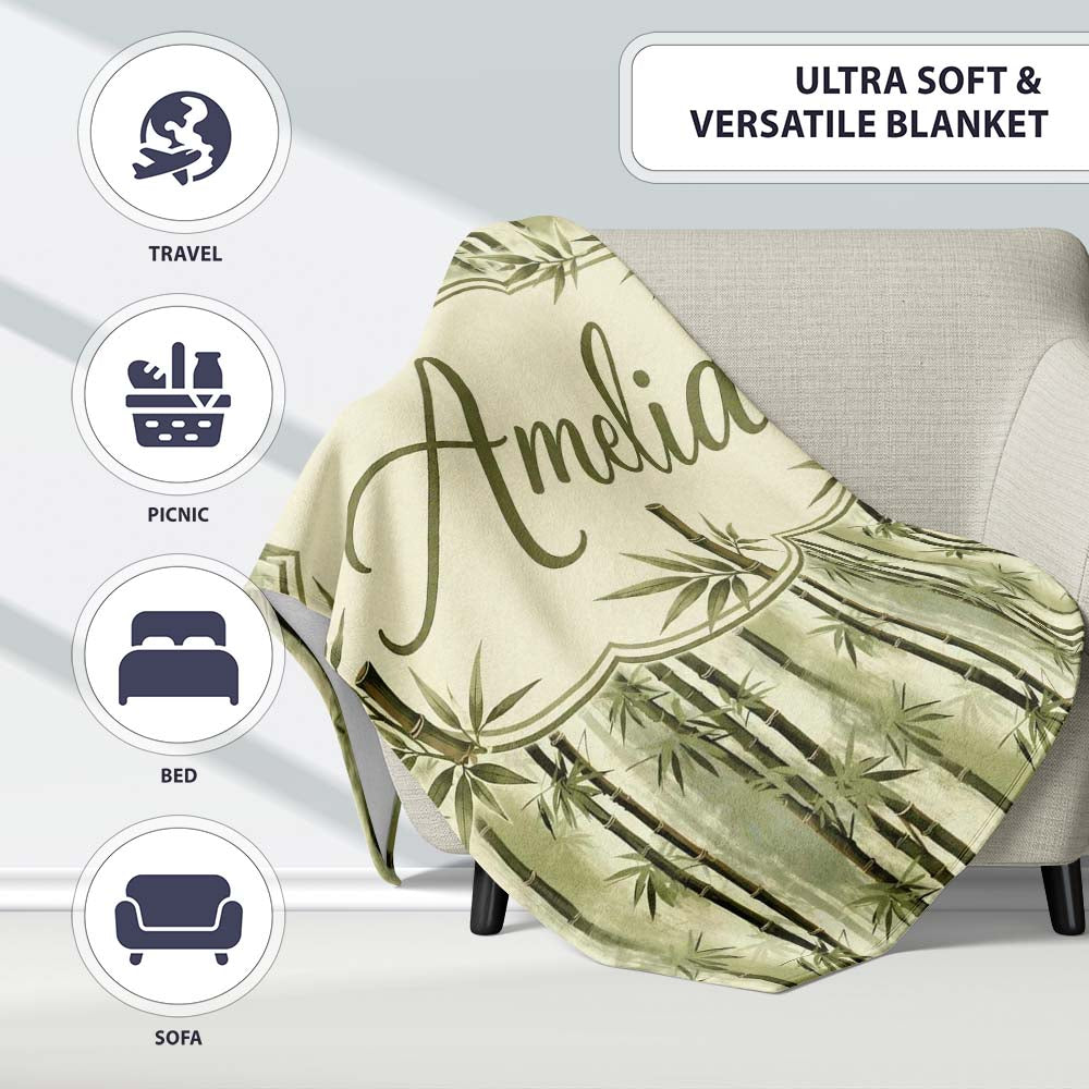 Muted Green Bamboo with Layered Forest Depth Seamless Pattern Lovely  Personalised Custom Name Super Soft Fleece Blanket Bed Sofa Throw