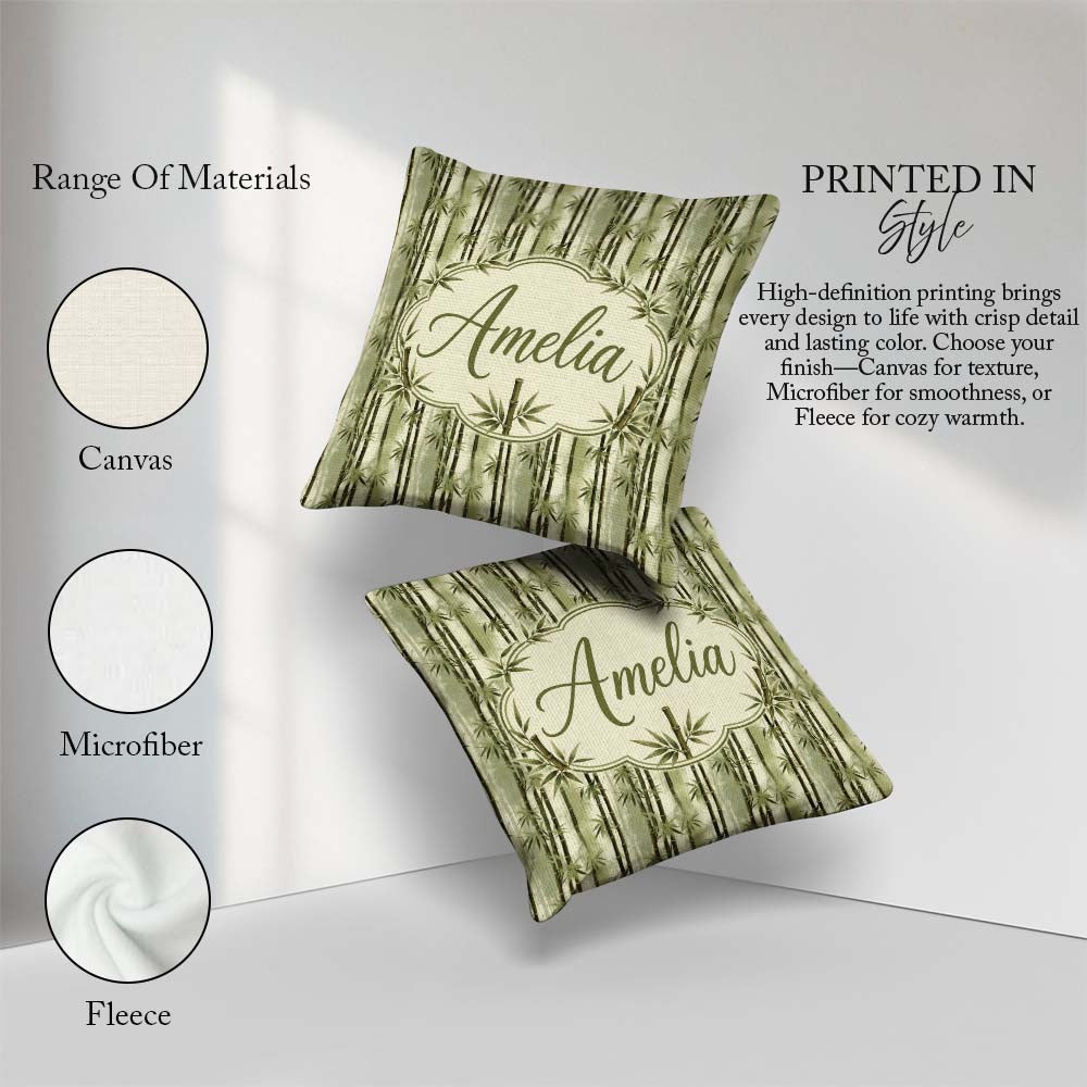 Custom Name Muted Green Bamboo with Layered Forest Depth Pattern Square Filled Cushion Throw Pillow Sofa Bed Home Decor Zip Washable UK Made