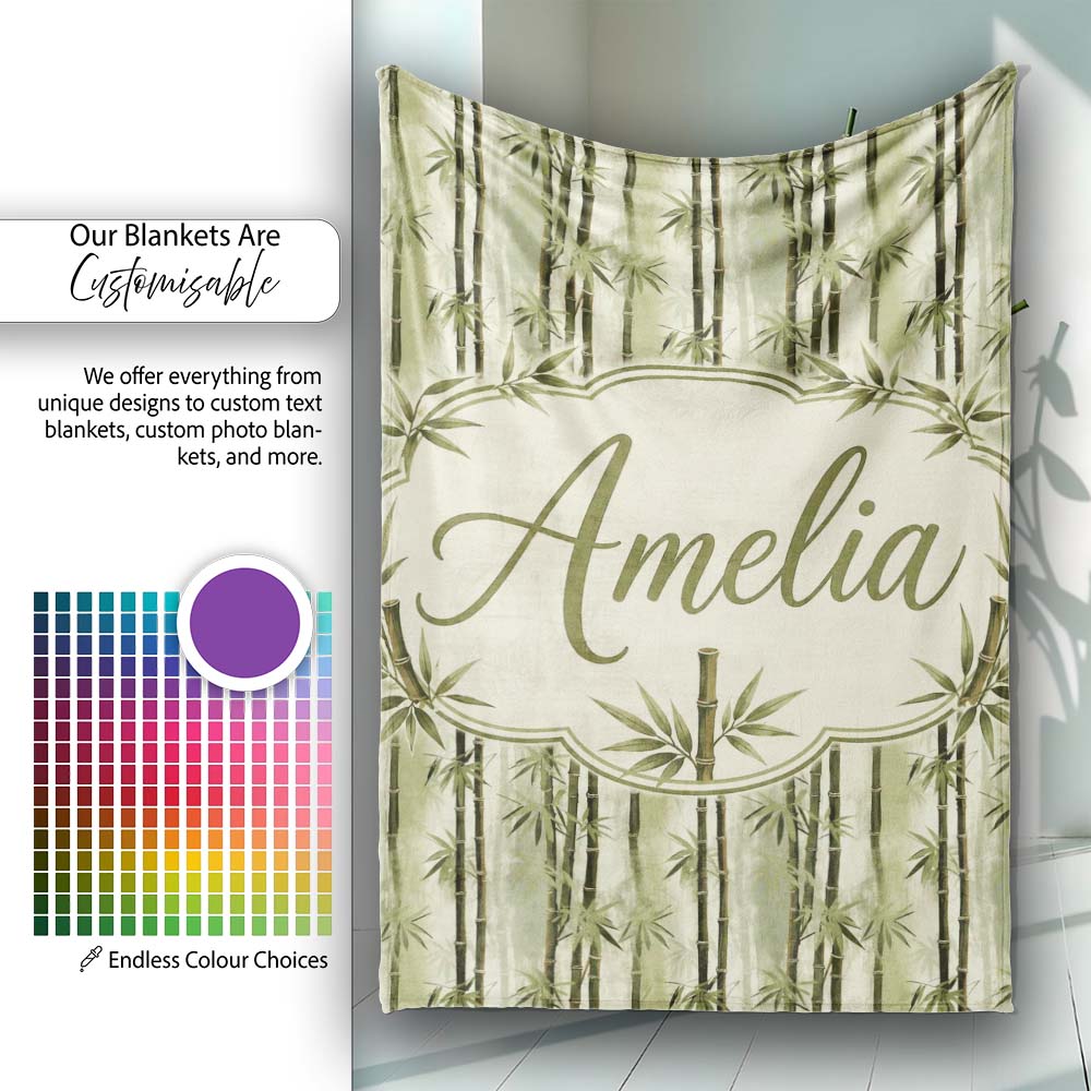 Muted Green Bamboo with Layered Forest Depth Seamless Pattern Lovely  Personalised Custom Name Super Soft Fleece Blanket Bed Sofa Throw