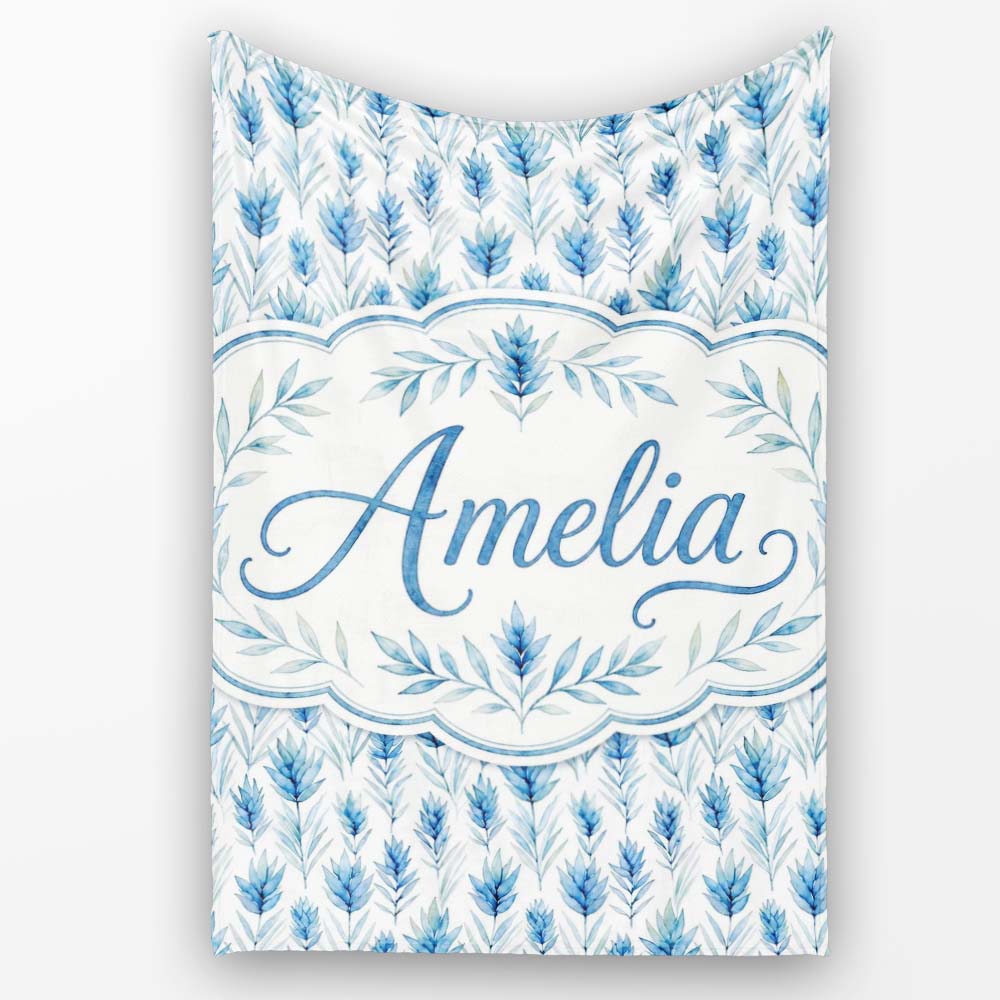 Blue Botanical Leaves Watercolor Floral Seamless Pattern Lovely  Personalised Custom Name Super Soft Fleece Blanket Bed Sofa Throw