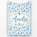 Blue Botanical Leaves Watercolor Floral Seamless Pattern Lovely  Personalised Custom Name Super Soft Fleece Blanket Bed Sofa Throw