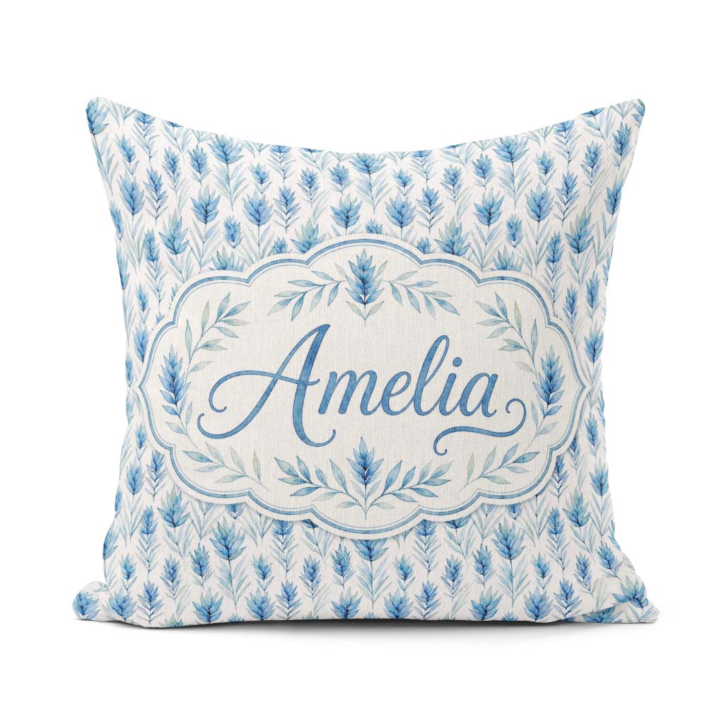Custom Name Blue Botanical Leaves Floral Seamless Pattern Lovely Square Filled Cushion Throw Pillow Sofa Bed Home Decor Zip Washable UK Made