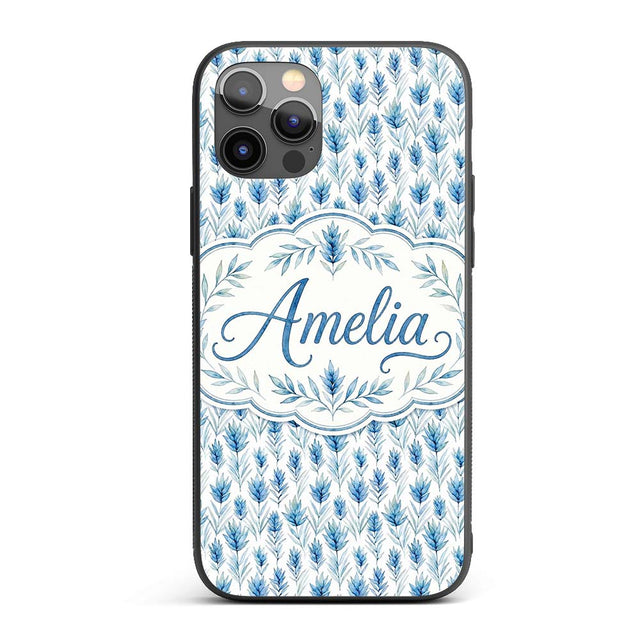 Blue Botanical Leaves Watercolor Floral Seamless Custom Name Protective Phone Case Mobile Cover Durable Everyday Smartphone Shock Resistant