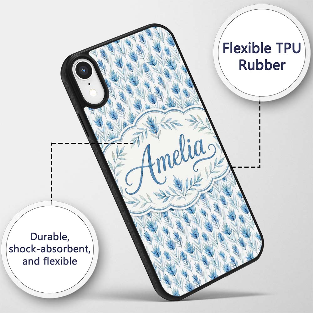 Blue Botanical Leaves Watercolor Floral Seamless Custom Name Protective Phone Case Mobile Cover Durable Everyday Smartphone Shock Resistant
