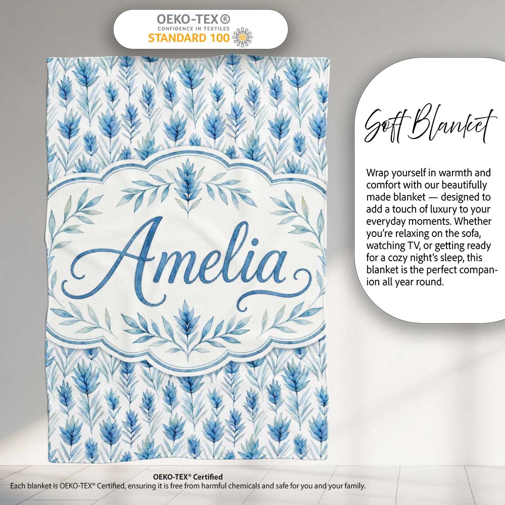 Blue Botanical Leaves Watercolor Floral Seamless Pattern Lovely  Personalised Custom Name Super Soft Fleece Blanket Bed Sofa Throw