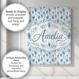 Personalised Name Blue Botanical Leaves Custom  Modern Room Accent Elegant Feature Canvas Wall Art Print Decor Picture Ready to Hang