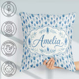 Custom Name Blue Botanical Leaves Floral Seamless Pattern Lovely Square Filled Cushion Throw Pillow Sofa Bed Home Decor Zip Washable UK Made